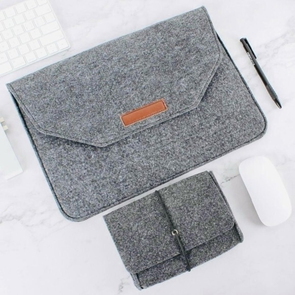 Homiee Wool Felt Laptop Sleeve Briefcase And Document Bag Set Grey 15 Inch NIB